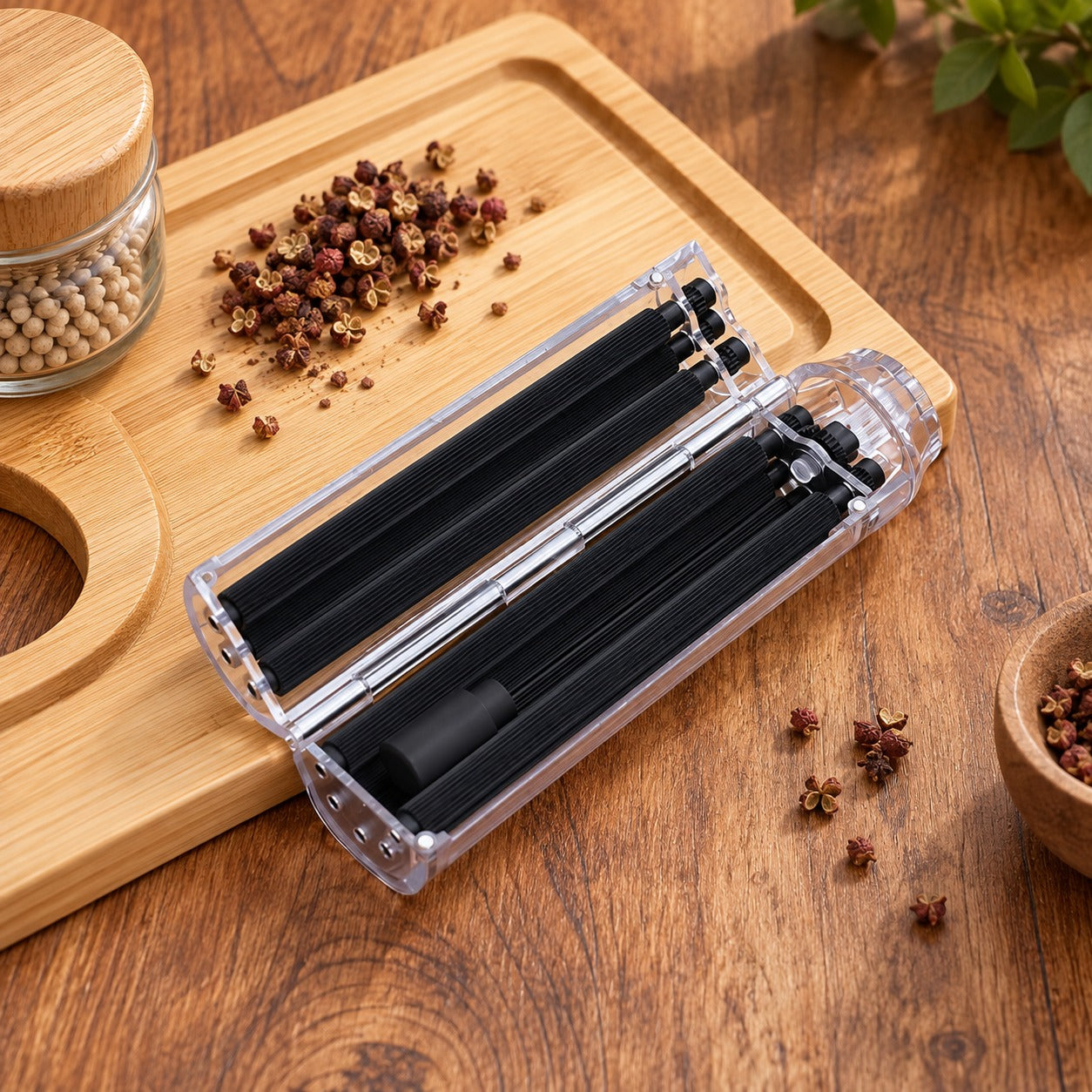 Black Pocket Roller on a warm herb-prep surface